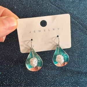 Teal and Copper Fresh-Water Pearl Tear Drop Dangle Earrings